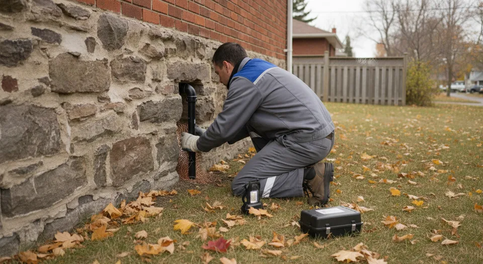 Licensed pest control technician inspecting the stone foundation of an older brick house in Kitchener, Ontario